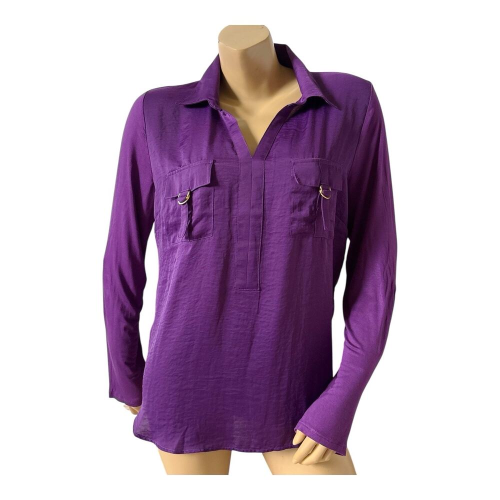 Ellen Tracy Company Popover Blouse Womens L Purple Utility Roll Tab Collared